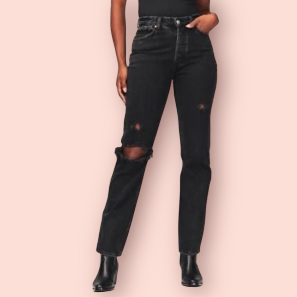 ABERCROMBIE & FITCH High Rise Destroy Washed Black Dad Jeans 27/XShort